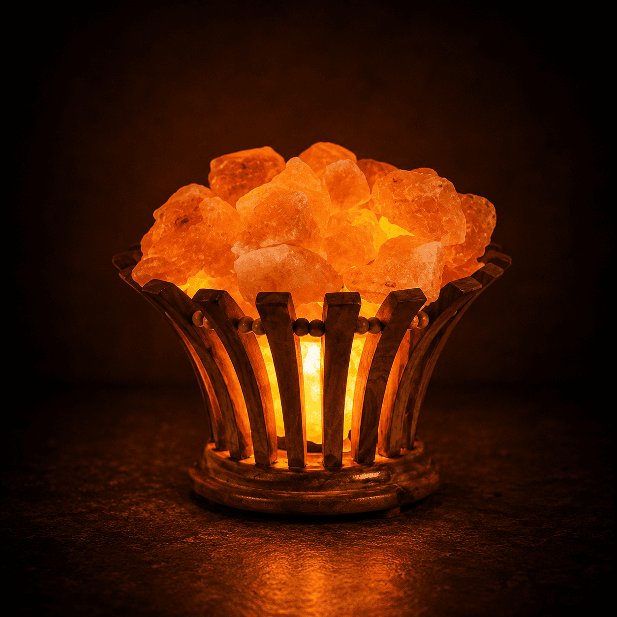Flower Wood Basket Himalayan Salt Lamp – studio photo lit against a dark background