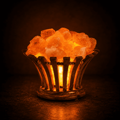 Flower Wood Basket Himalayan Salt Lamp – studio photo lit against a dark background