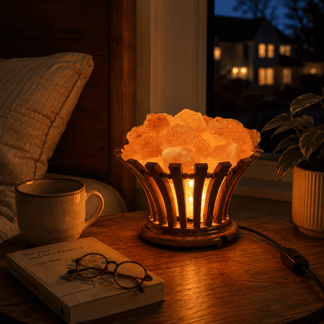 Flower Wood Basket Himalayan Salt Lamp – styled in a home lifestyle setting, lit at evening