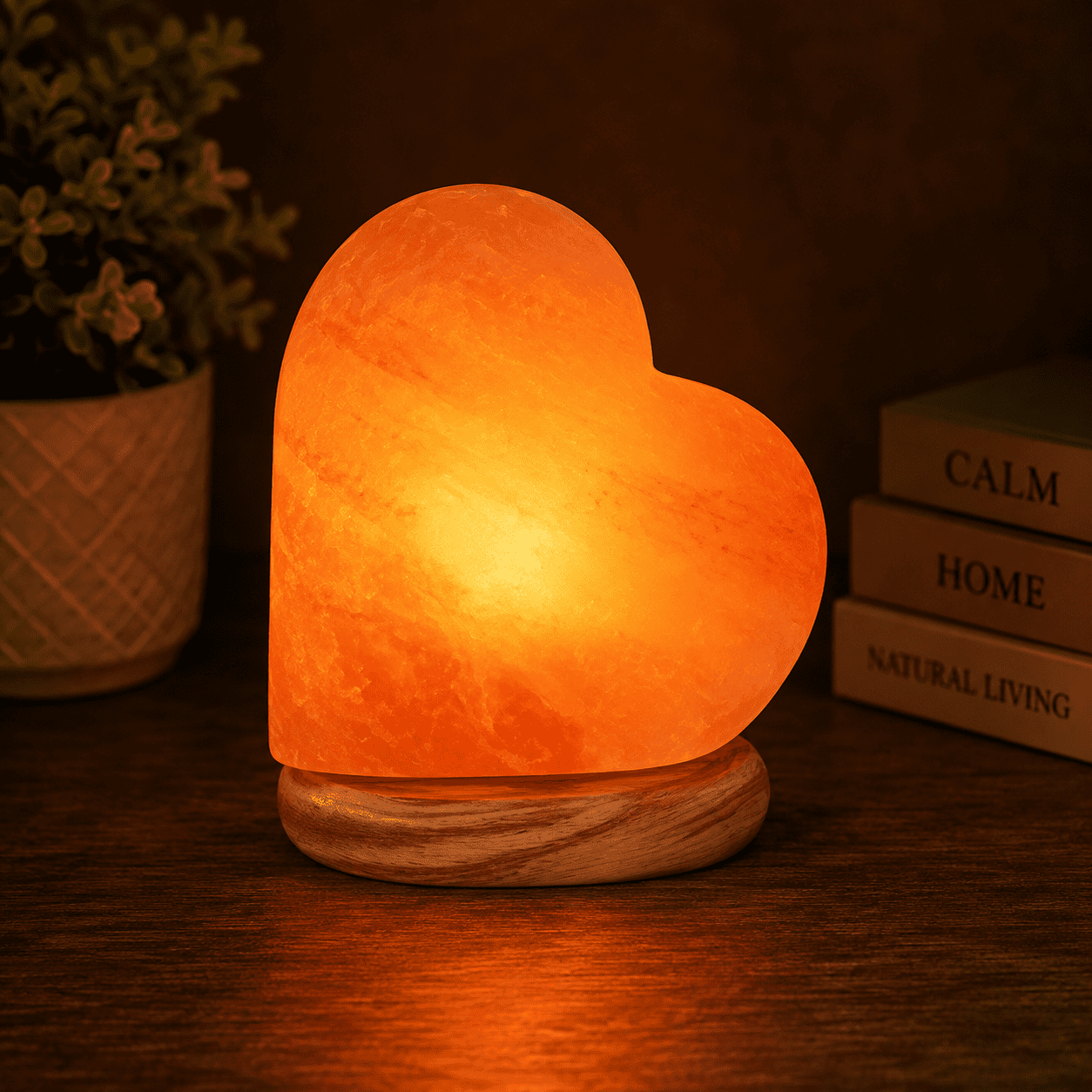 Heart Shape Himalayan Salt Lamp – studio photo lit against a dark background