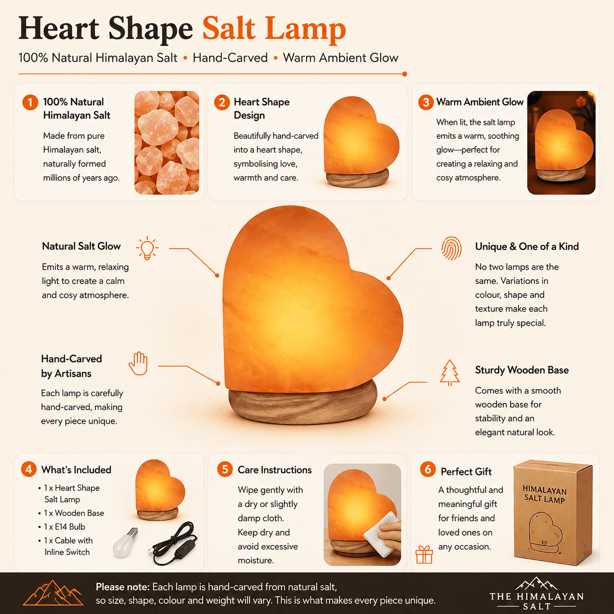 Heart Shape Himalayan Salt Lamp – infographic highlighting the product's key features