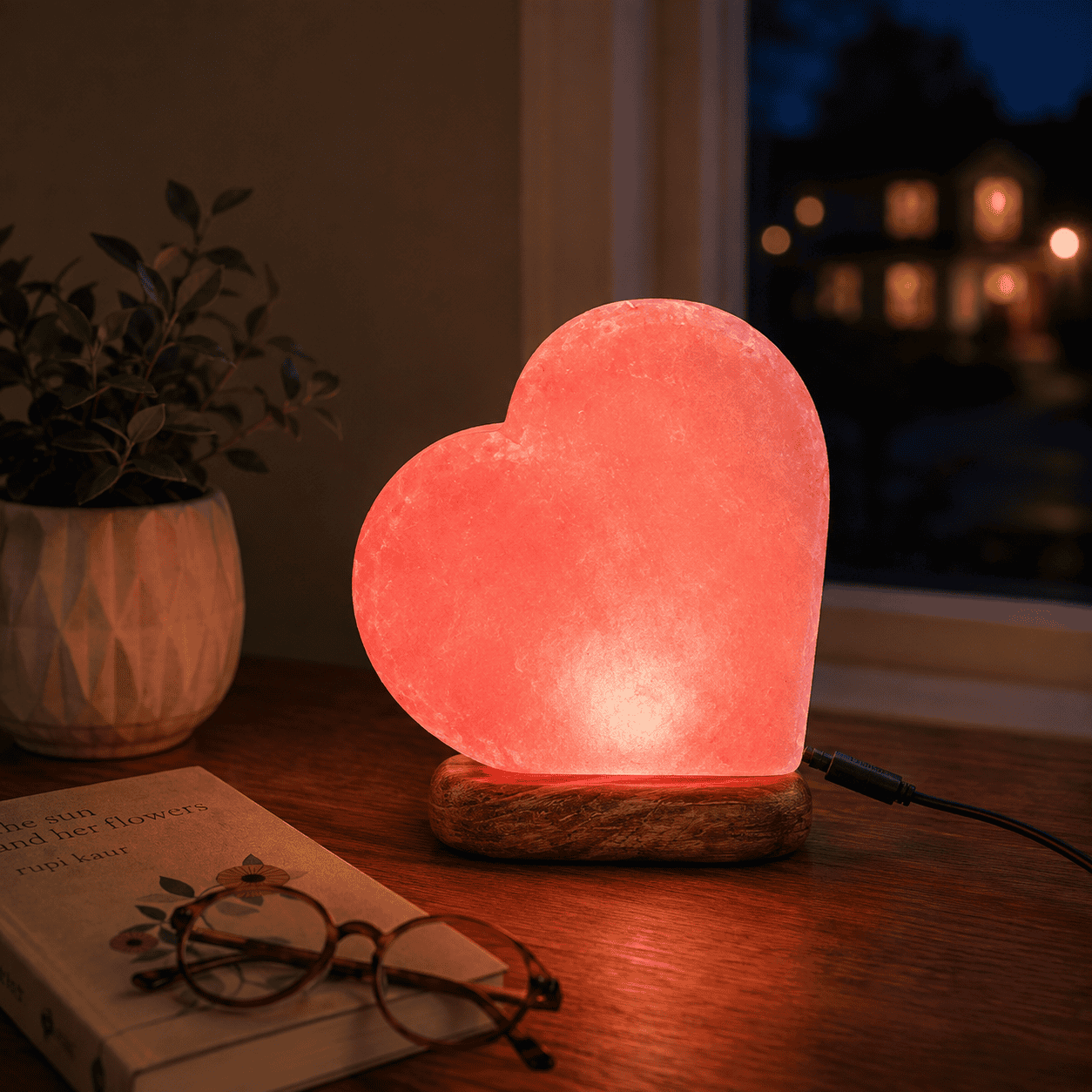 Heart Shape Himalayan Salt Lamp (USB Multi-Colour) – styled in a home lifestyle setting, lit at evening