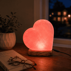Heart Shape Himalayan Salt Lamp (USB Multi-Colour) – styled in a home lifestyle setting, lit at evening