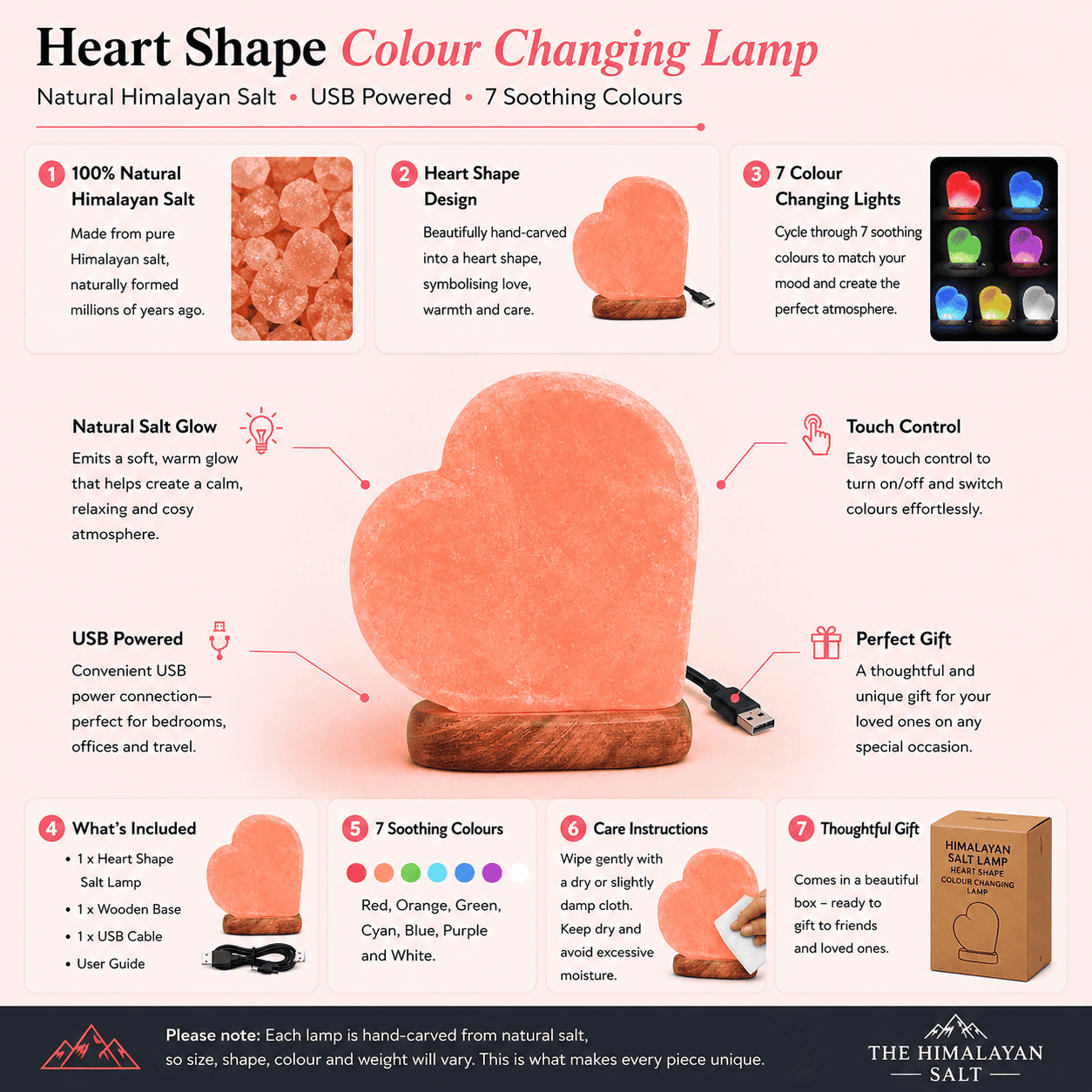 Heart Shape Himalayan Salt Lamp (USB Multi-Colour) – infographic highlighting the product's key features