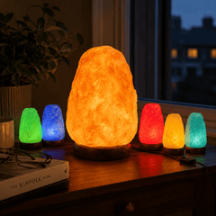 Natural Himalayan Salt Lamp (USB Multi-Colour) – styled in a home lifestyle setting, lit at evening