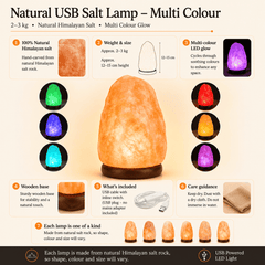 Natural Himalayan Salt Lamp (USB Multi-Colour) – infographic highlighting the product's key features