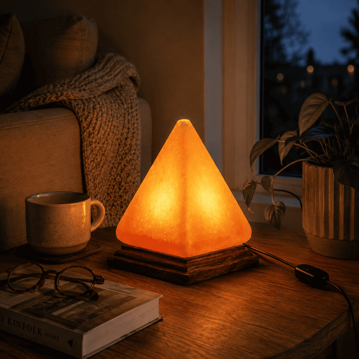 Pyramid Himalayan Salt Lamp (USB Multi-Colour) – styled in a home lifestyle setting, lit at evening