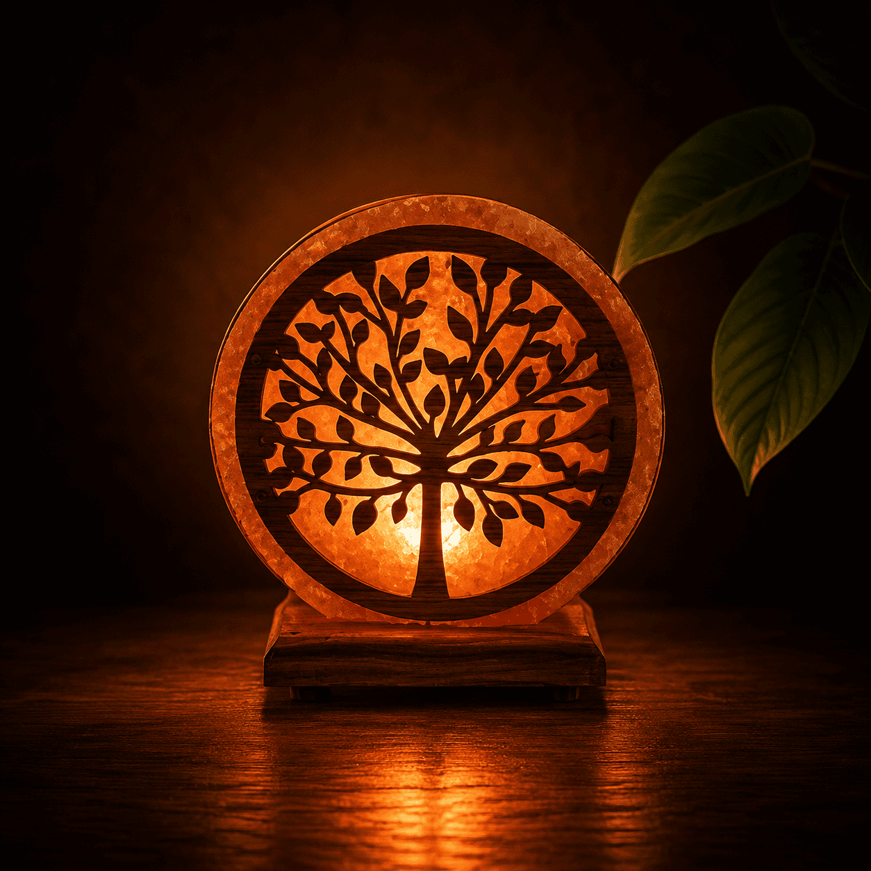 Tree Wood Craft Himalayan Salt Lamp – studio photo lit against a dark background
