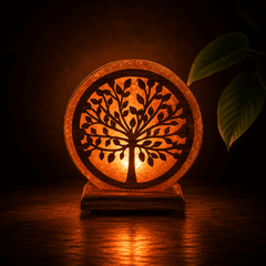 Tree Wood Craft Himalayan Salt Lamp – studio photo lit against a dark background