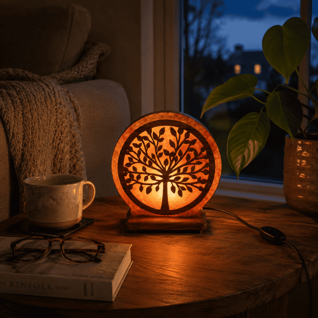 Tree Wood Craft Himalayan Salt Lamp – styled in a home lifestyle setting, lit at evening