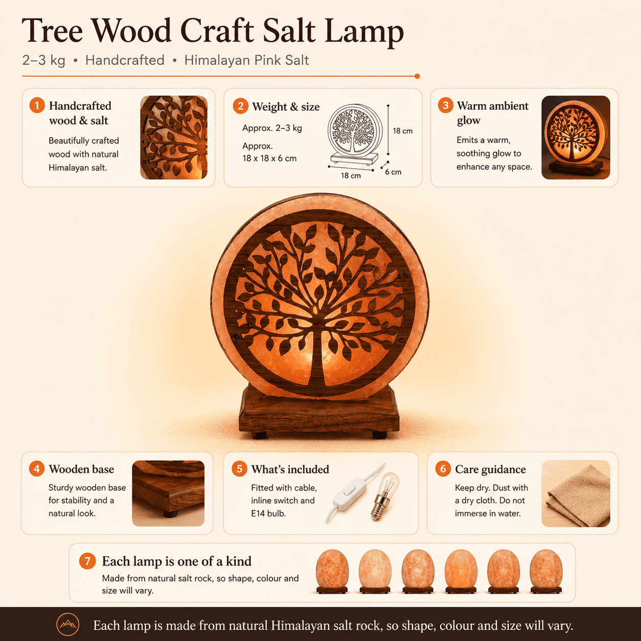Tree Wood Craft Himalayan Salt Lamp – infographic highlighting the product's key features