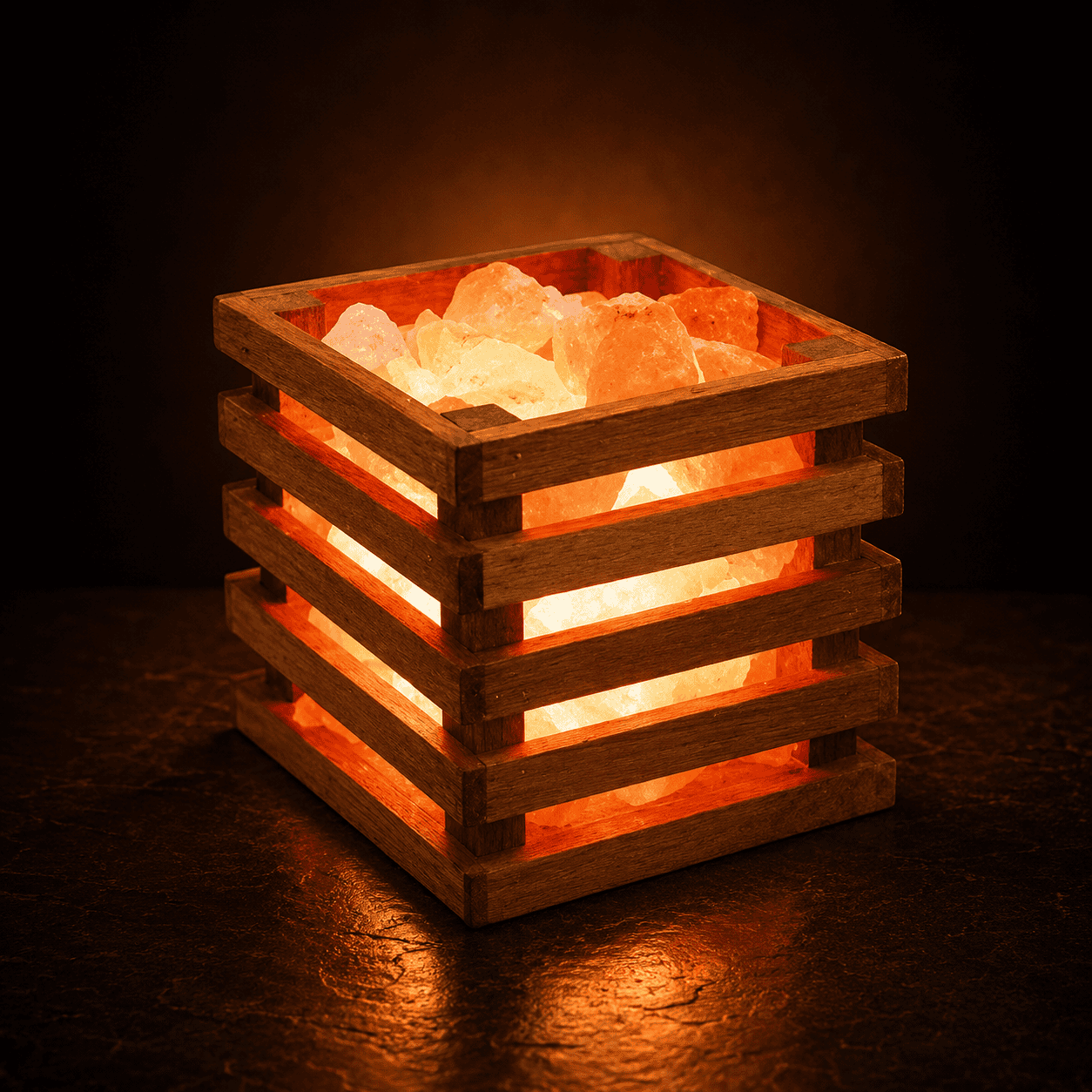 Wood Square Basket Himalayan Salt Lamp – studio photo lit against a dark background