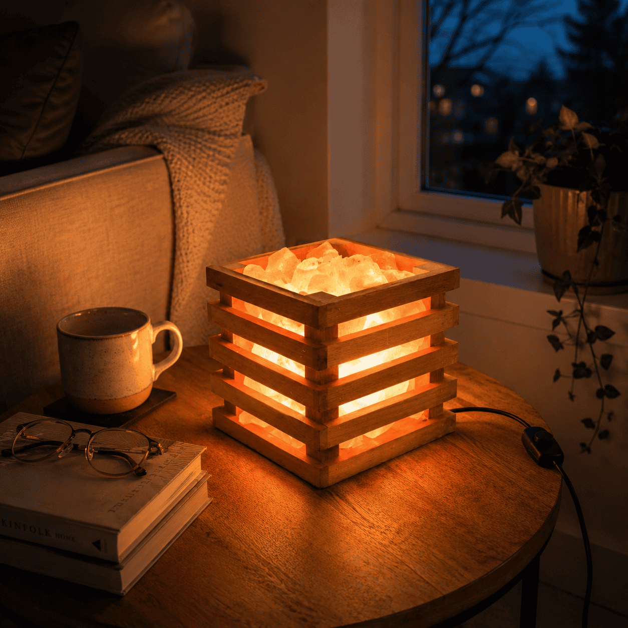 Wood Square Basket Himalayan Salt Lamp – styled in a home lifestyle setting, lit at evening