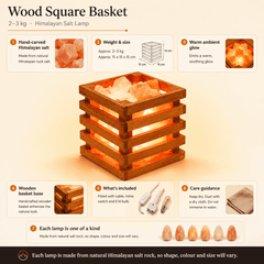 Wood Square Basket Himalayan Salt Lamp – infographic highlighting the product's key features