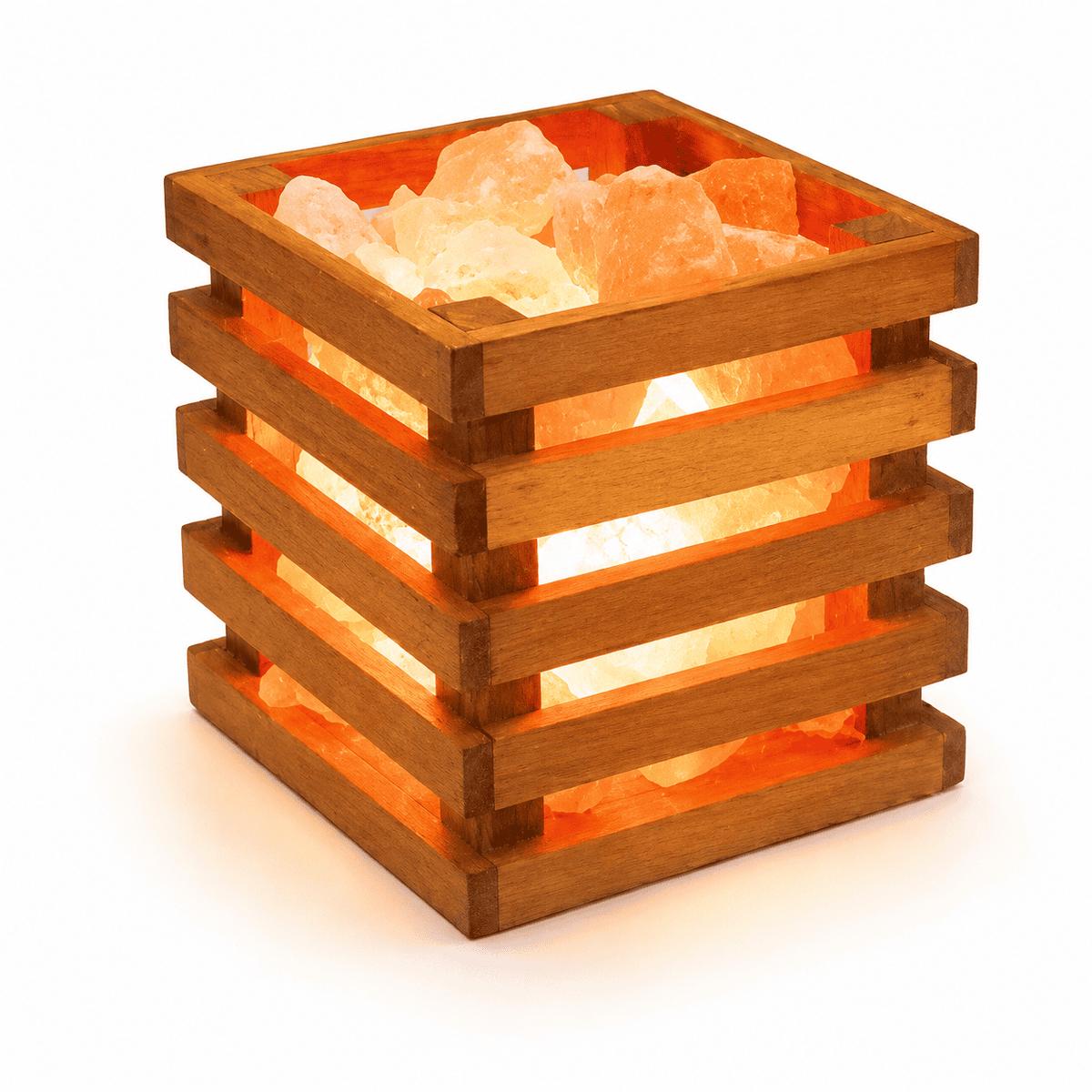 Wood Square Basket Himalayan Salt Lamp – studio product photo on a plain white background