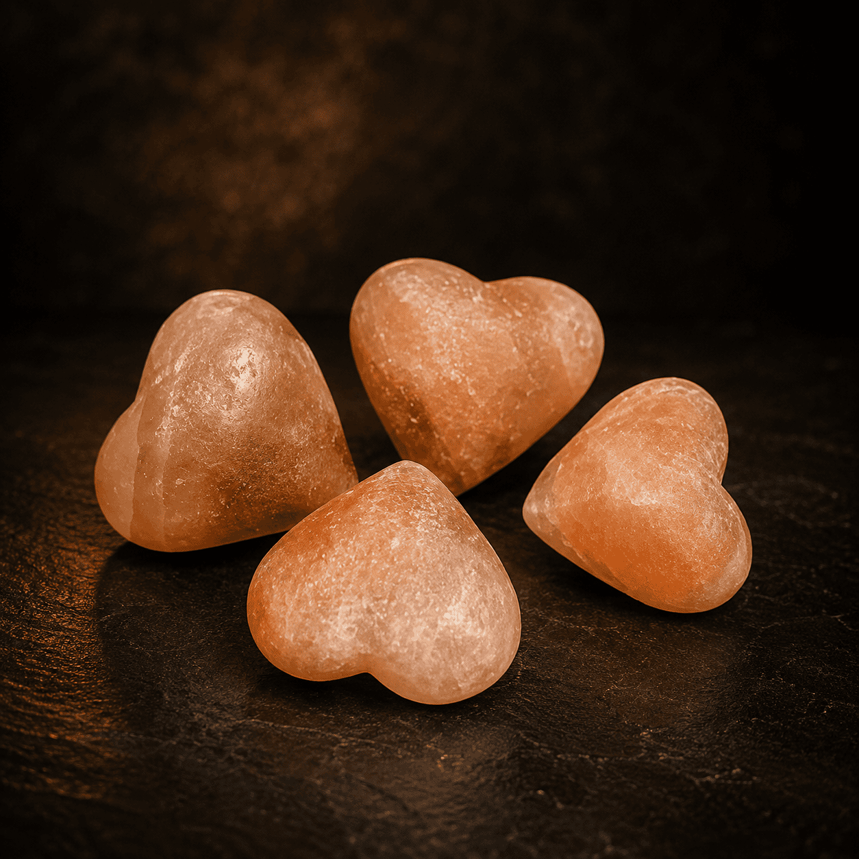 Himalayan Salt Heart Massage Stones (Set of 4) – studio photo lit against a dark background