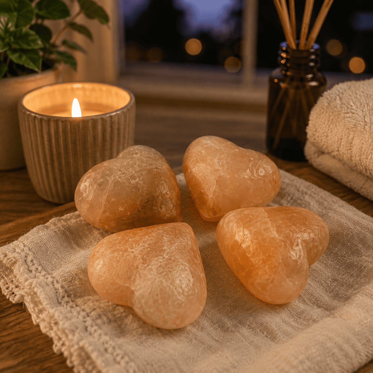 Himalayan Salt Heart Massage Stones (Set of 4) – styled in a home lifestyle setting, lit at evening