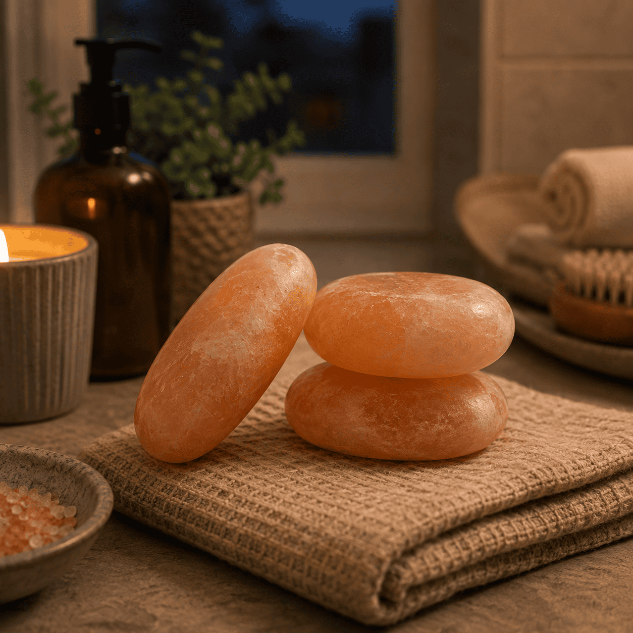 Himalayan Salt Oval Massage Stones (Set of 2) – styled in a home lifestyle setting, lit at evening