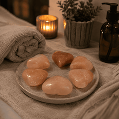 Himalayan Salt Massage Stones (Pack of 6) – styled in a home lifestyle setting, lit at evening