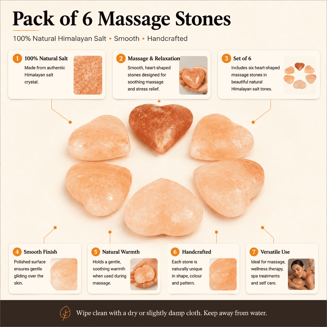 Himalayan Salt Massage Stones (Pack of 6) – infographic highlighting the product's key features