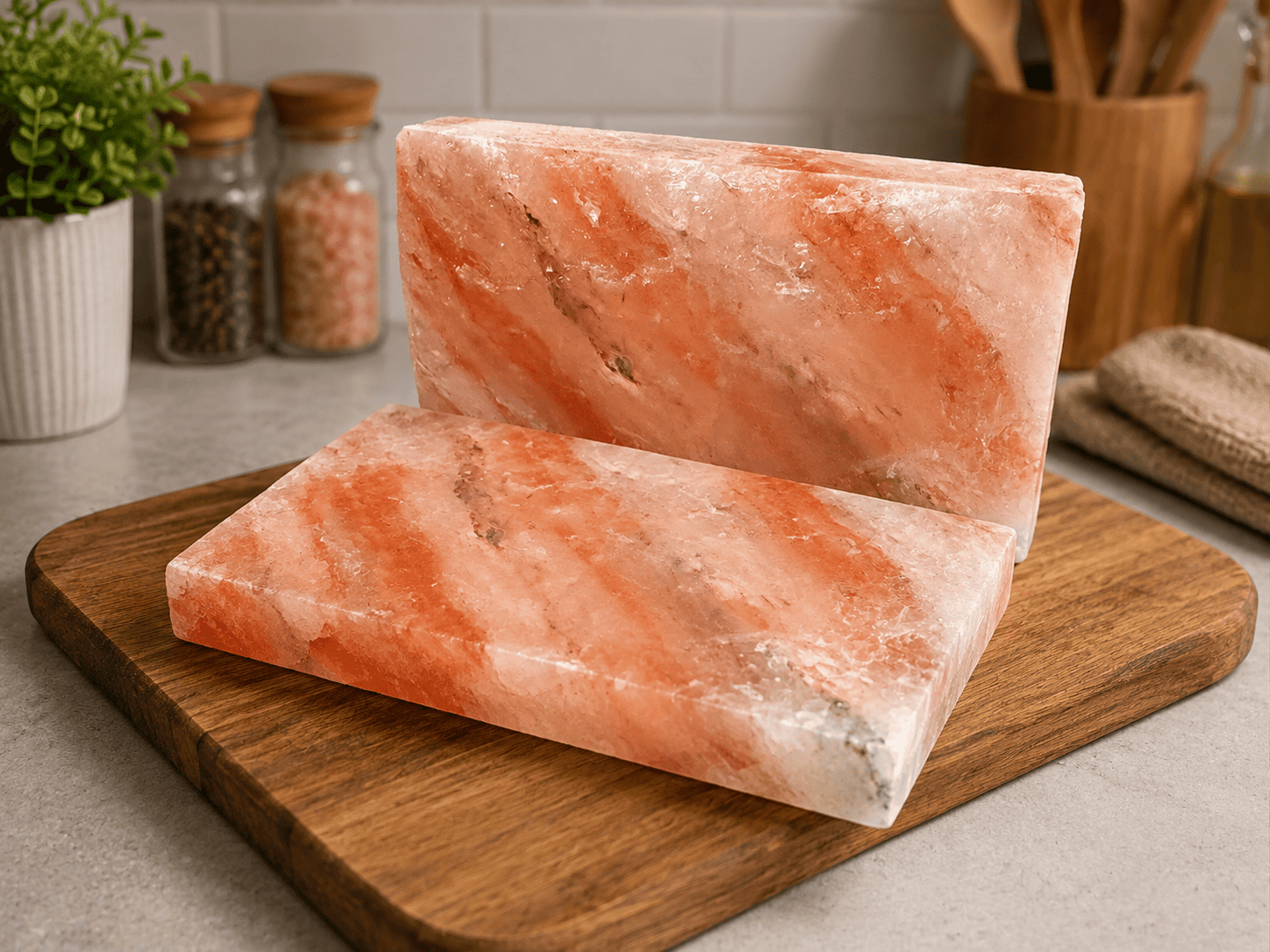 Natural Himalayan Salt Tiles (Pack of 2) – styled in a home lifestyle setting, lit at evening