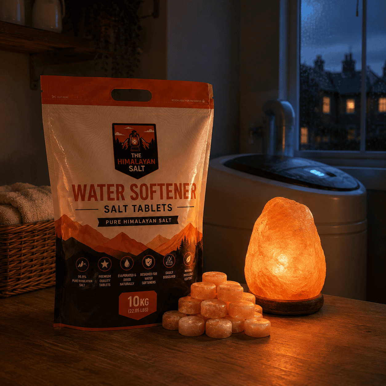 10Kg Water Softener Salt Tablets – styled in a home lifestyle setting, lit at evening