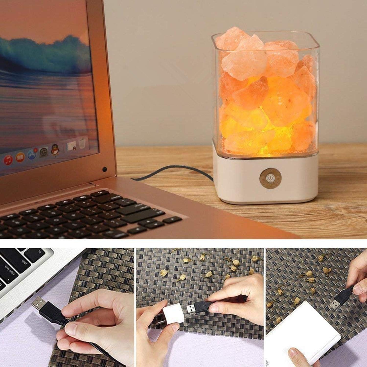 USB salt crystal lamp glowing beside a laptop, with close-ups of the USB cable connecting to a power source