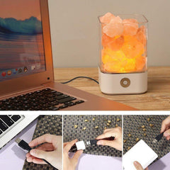 USB salt crystal lamp glowing beside a laptop, with close-ups of the USB cable connecting to a power source