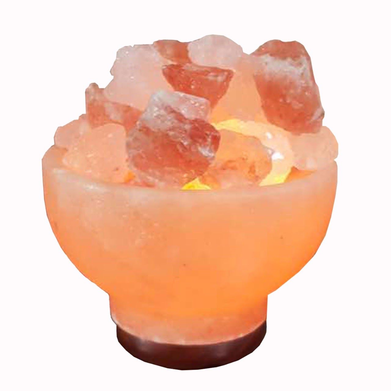 Himalayan salt fire bowl lamp filled with rough rock salt chunks, lit from within