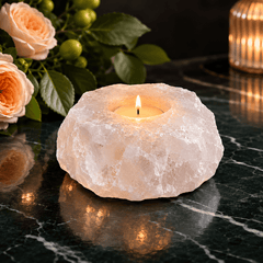 Rare White Crystal Salt Candle Holder (Set of 2) – studio photo lit against a dark background (alternate angle)