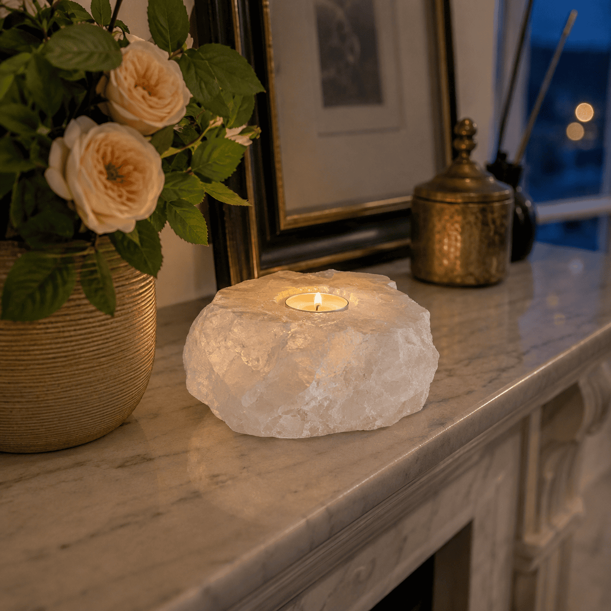 Rare White Crystal Salt Candle Holder (Set of 2) – styled in a home lifestyle setting, lit at evening