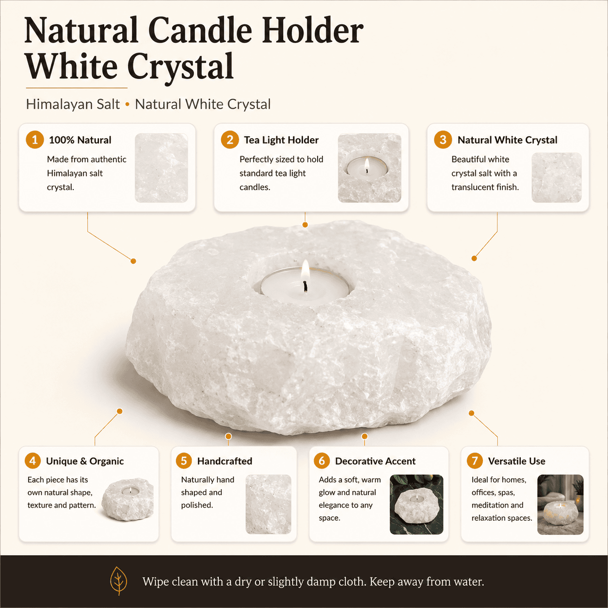 Rare White Crystal Salt Candle Holder (Set of 2) – infographic highlighting the product's key features