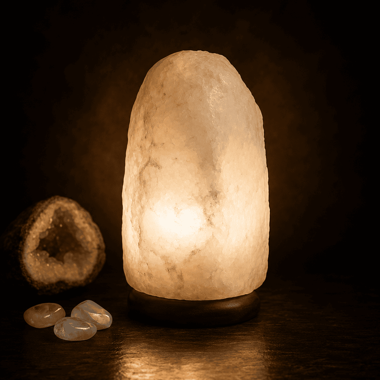 White Rare Himalayan Salt Candle Holder (4-6kg) – studio photo lit against a dark background