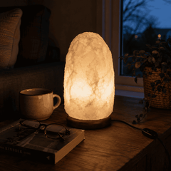 White Rare Himalayan Salt Candle Holder (4-6kg) – styled in a home lifestyle setting, lit at evening