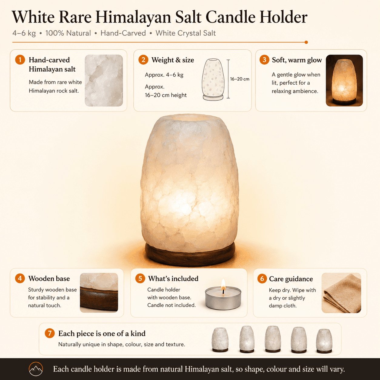 White Rare Himalayan Salt Candle Holder (4-6kg) – infographic highlighting the product's key features