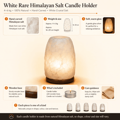White Rare Himalayan Salt Candle Holder (4-6kg) – infographic highlighting the product's key features